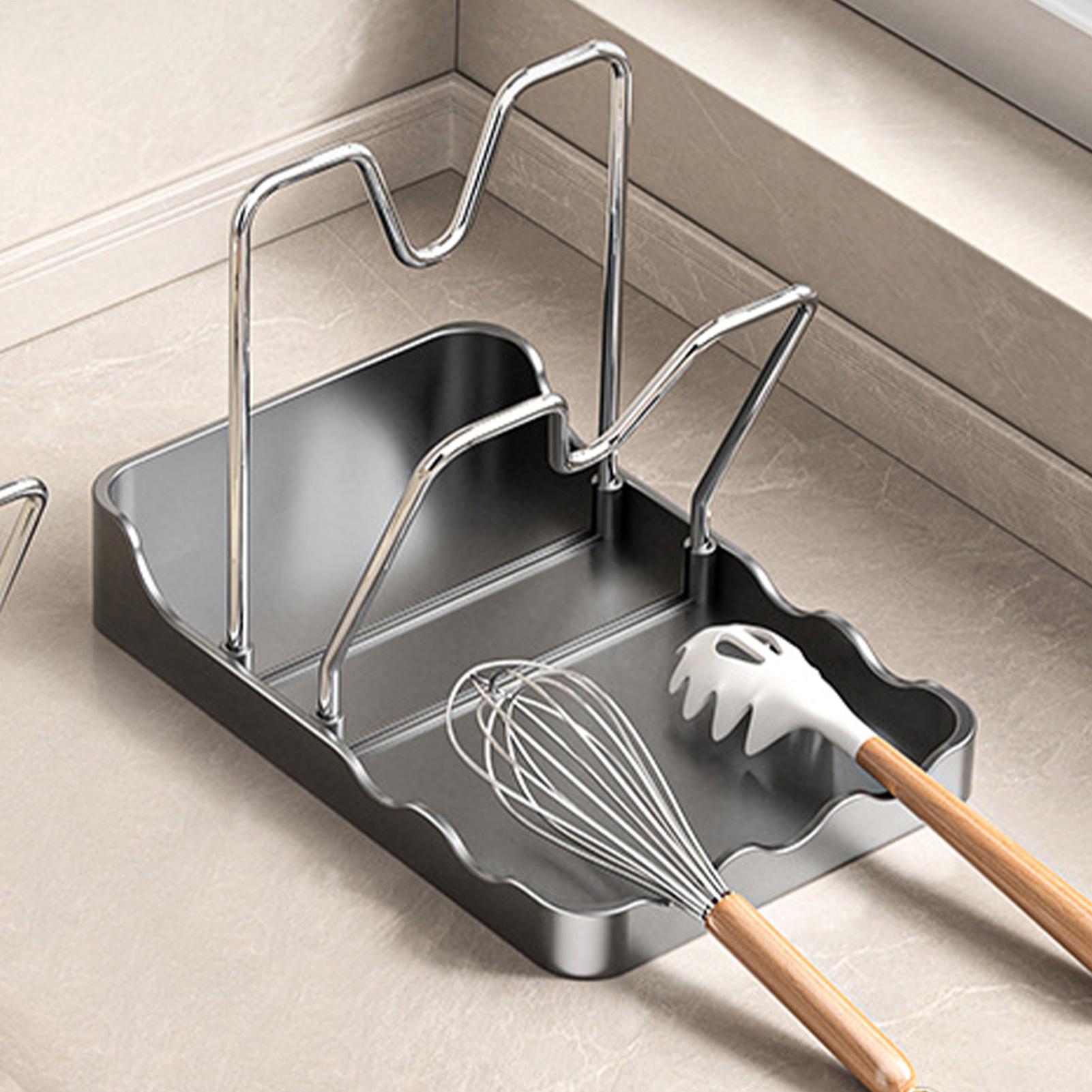 Kitchen Baking Pantry - ชั้นวางฝาหม้อแนวตั้งพร้อมถาดรองน้ำ ชั้นวางเก็บฝาหม้อสแตนเลสสำหรับห้องครัว อบขนม ทำอาหาร วางบนเคาน์เตอร์