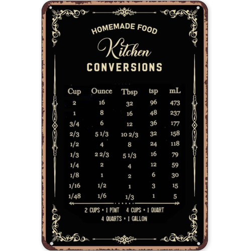 Kitchen Baking Conversion Chart - ป้ายดีบุกสไตล์ชนบท ป้ายตกแต่งสำหรับทำขนม ป้ายตกแต่งผนัง แผนภูมิการแปลงหน่วยในครัว ป้ายทำขนม