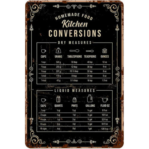 Kitchen Baking Conversion Chart - ป้ายโลหะวินเทจตลกๆ ขนาด 12x8 นิ้ว ป้ายทำอาหารโฮมเมด แผนผังการแปลงส่วนผสมในครัว