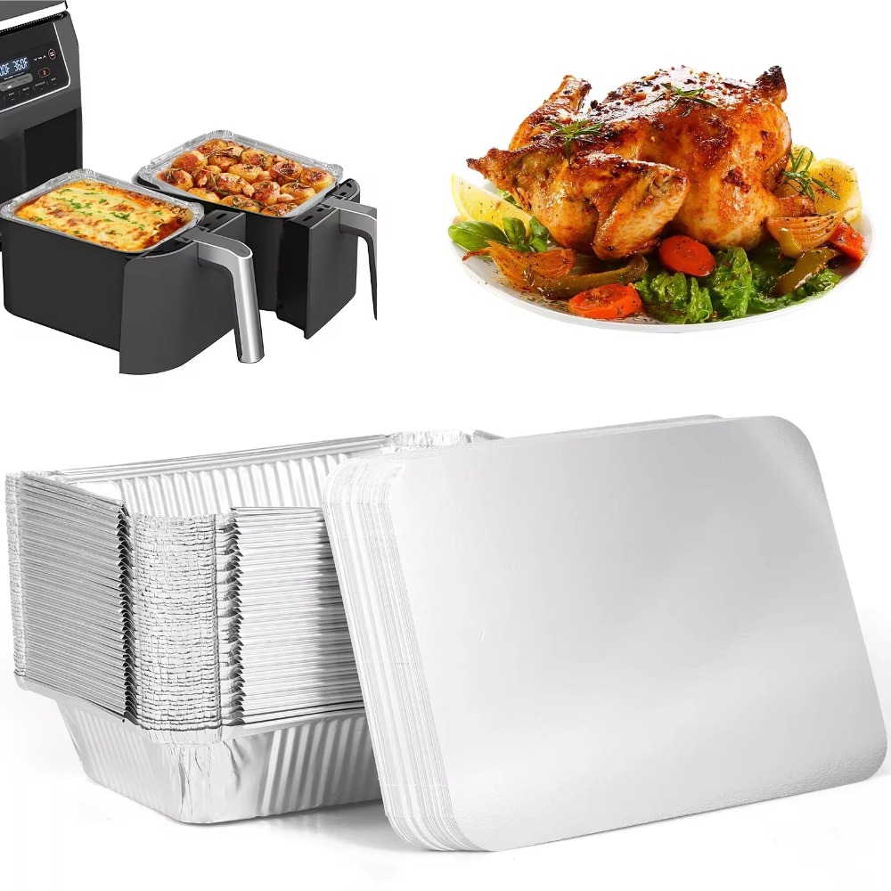 Kitchen Baking Trays - ถาดฟอยล์อลูมิเนียมพร้อมฝาปิด 10 ชิ้น แบบใหม่ ทรงสี่เหลี่ยม ไม่ติดกระทะ