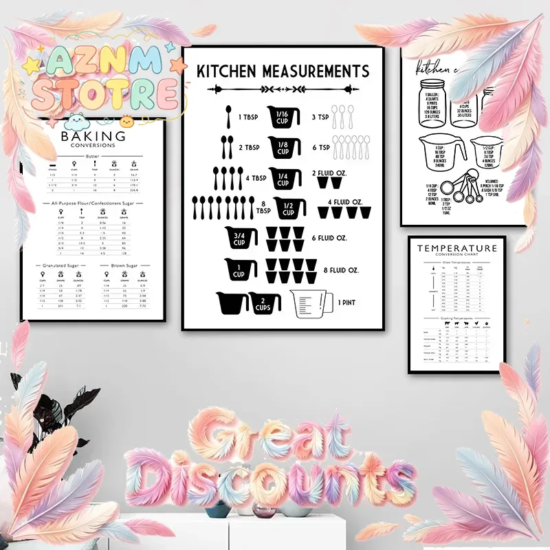 Kitchen Baking Conversion Chart - ภาพวาดบนผ้าใบลายตารางแปลงหน่วยวัดในครัวแบบมินิมอล สำหรับการวัดขนาดอาหารและการอบขนม ตกแต่งผนังห้อง ของขวัญตกแต่งบ้าน
