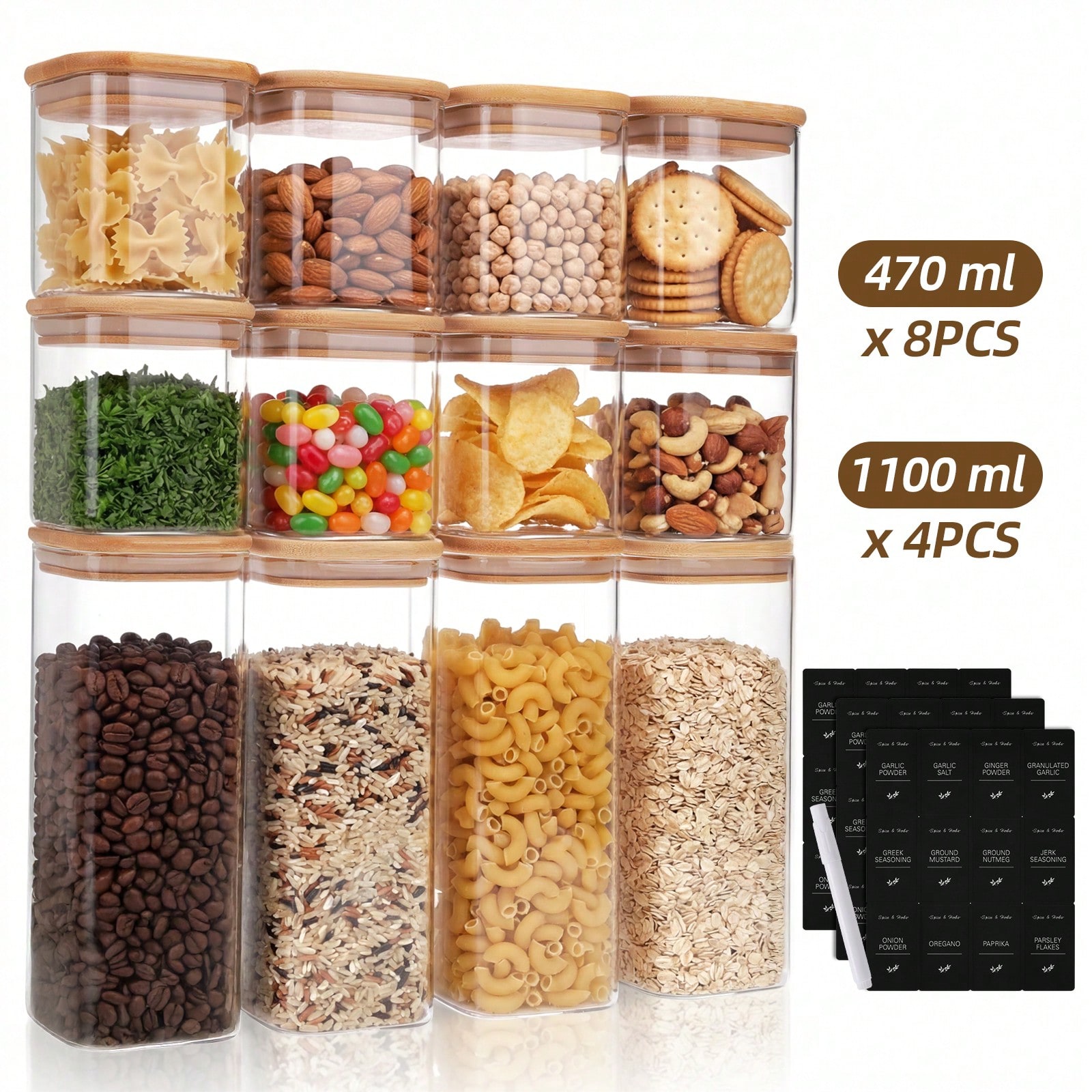 Kitchen Baking Pantry - Tomnk ชุดภาชนะเก็บอาหารแก้วพร้อมฝาปิด 12 ชิ้น, ความจุ 2